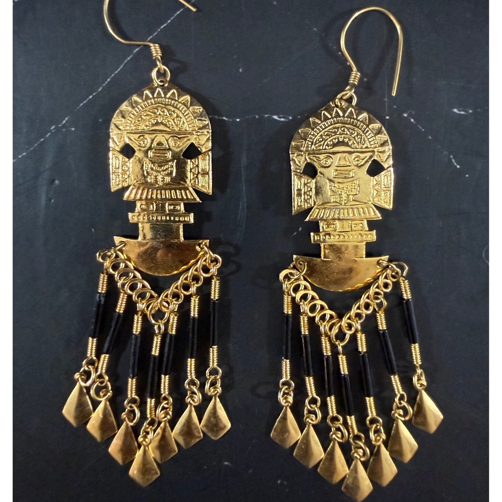 Incan Style Gold Tone Figural Motif Earrings with Black Beaded 3.25in Fringe